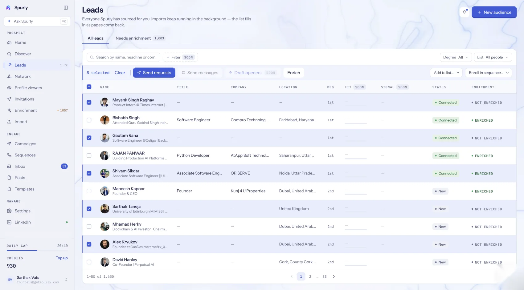 Spurly leads table with a bulk-action bar and degree, status and enrichment columns.
